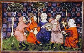 Peasants sharing a simple meal of bread and drink; Livre du roi Modus et de la reine Ratio, 14th century (Bibliothèque nationale)