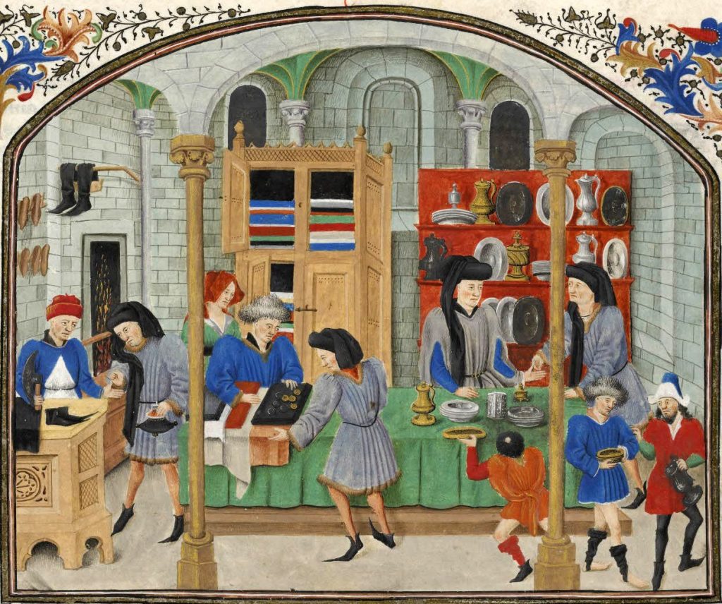 Trade scene: merchants in a shop present tableware and silverware to their customers. 