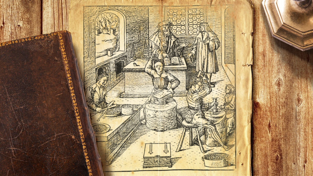 Image in brown tones shows Engraving by Hans Burgkmair the Elder (1473-1531), a German painter and designer of woodcuts, of a European, probably German, medieval workshop / mint.